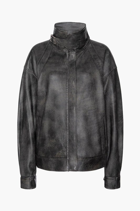 Black leather aviator jacket on a white background