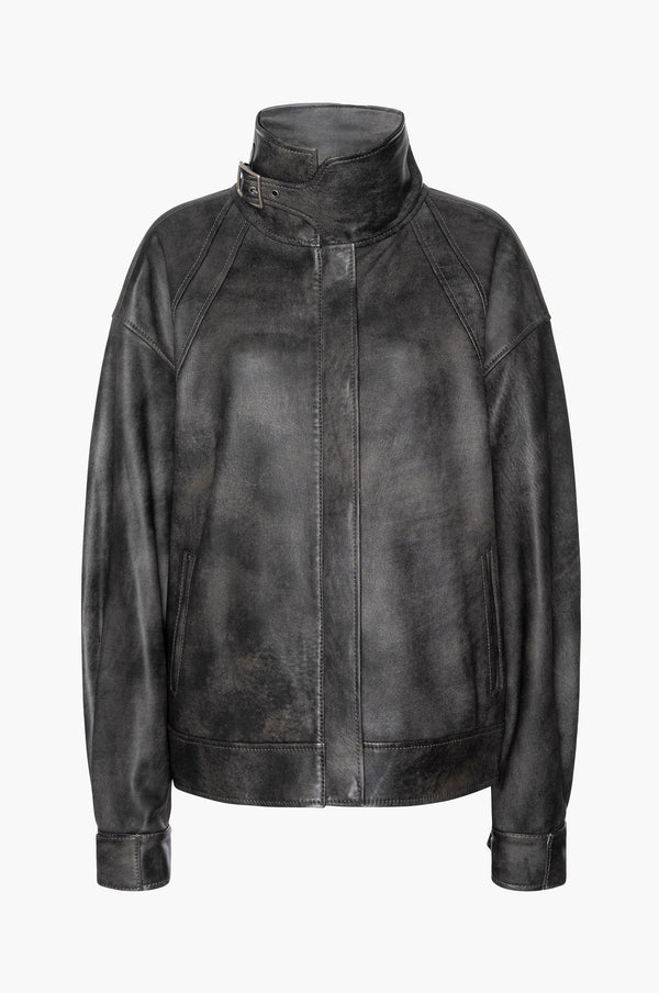 Black leather aviator jacket on a white background
