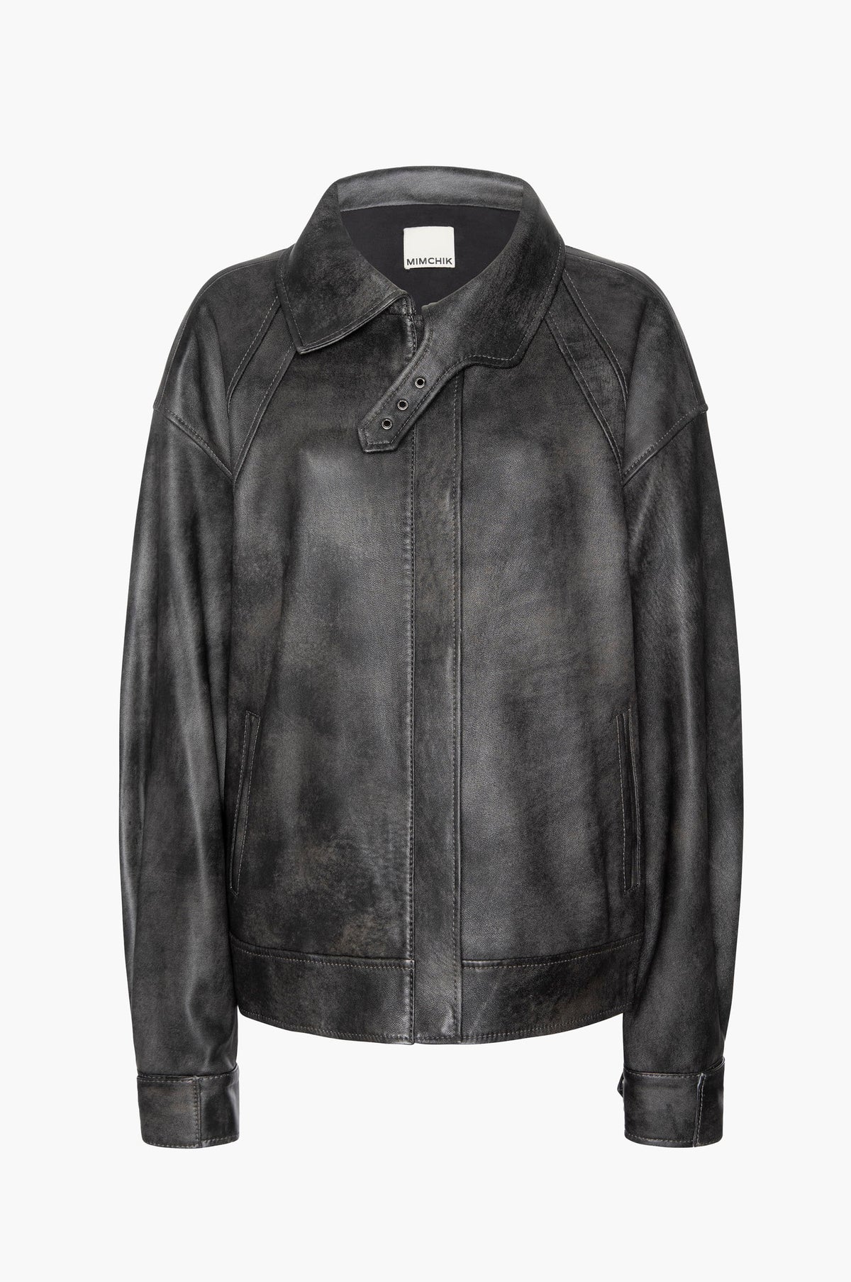 Black leather aviator jacket with an open collar on a white background