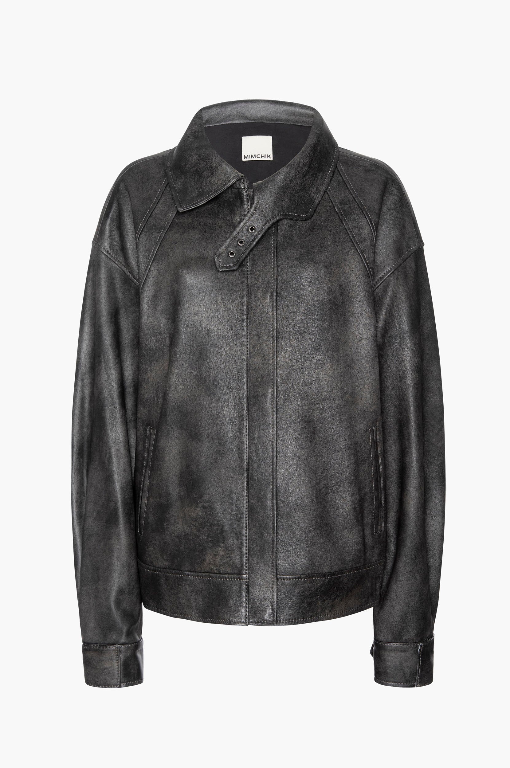 Black leather aviator jacket with an open collar on a white background