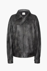 Black leather aviator jacket with an open collar on a white background