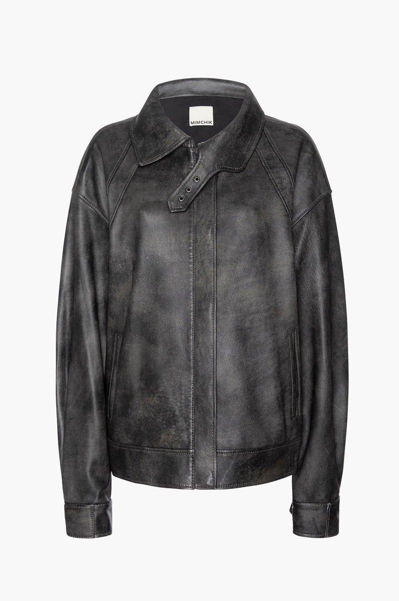 Black leather aviator jacket with an open collar on a white background