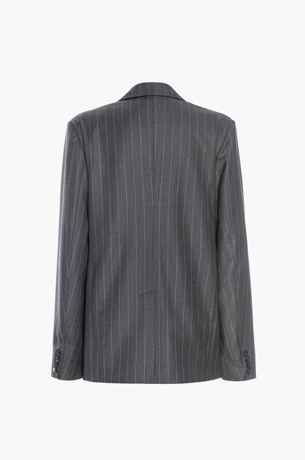 Back view of a gray pinstripe suit jacket on a white background