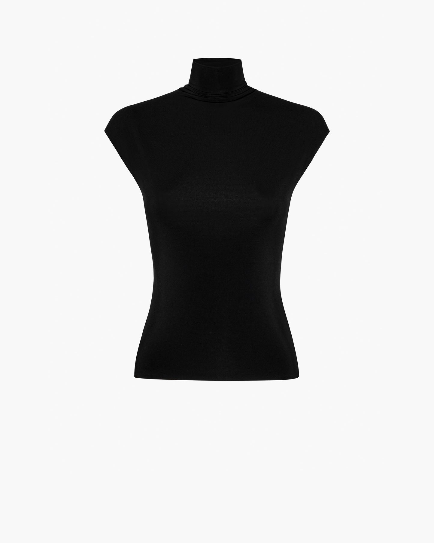 Black mock neck top on a white background