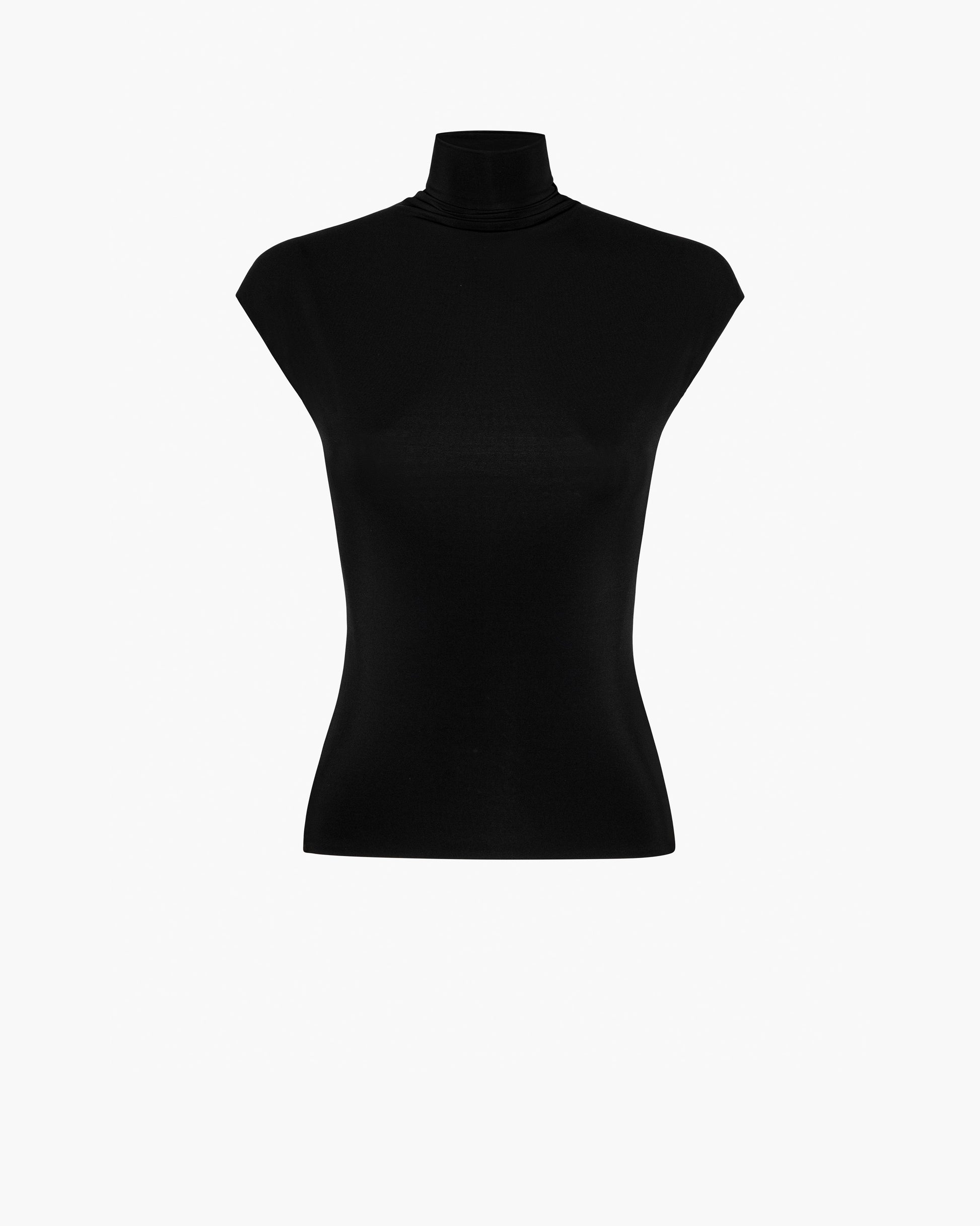 Black mock neck top on a white background