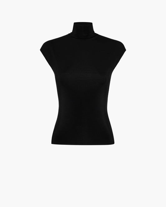 Black mock neck top on a white background