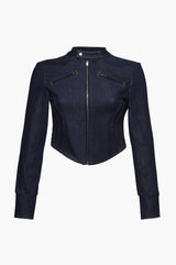 Indigo raw denim moto jacket on a white background