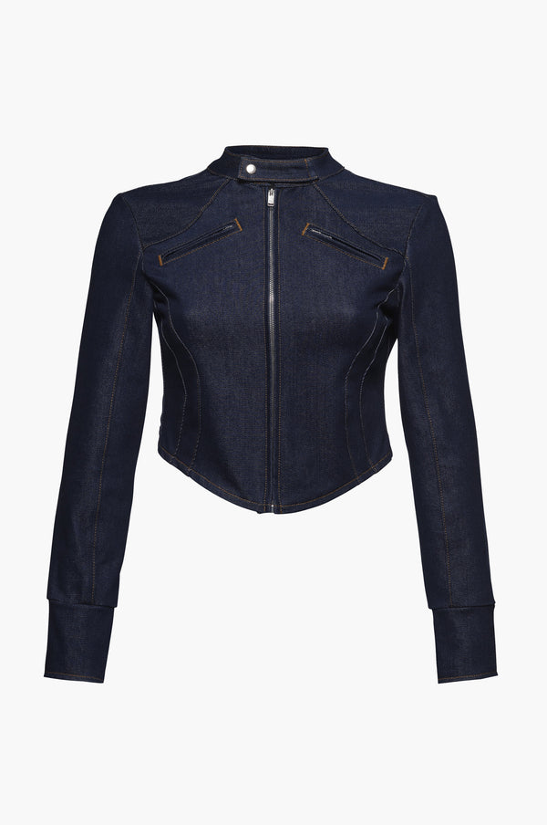 Indigo raw denim moto jacket on a white background