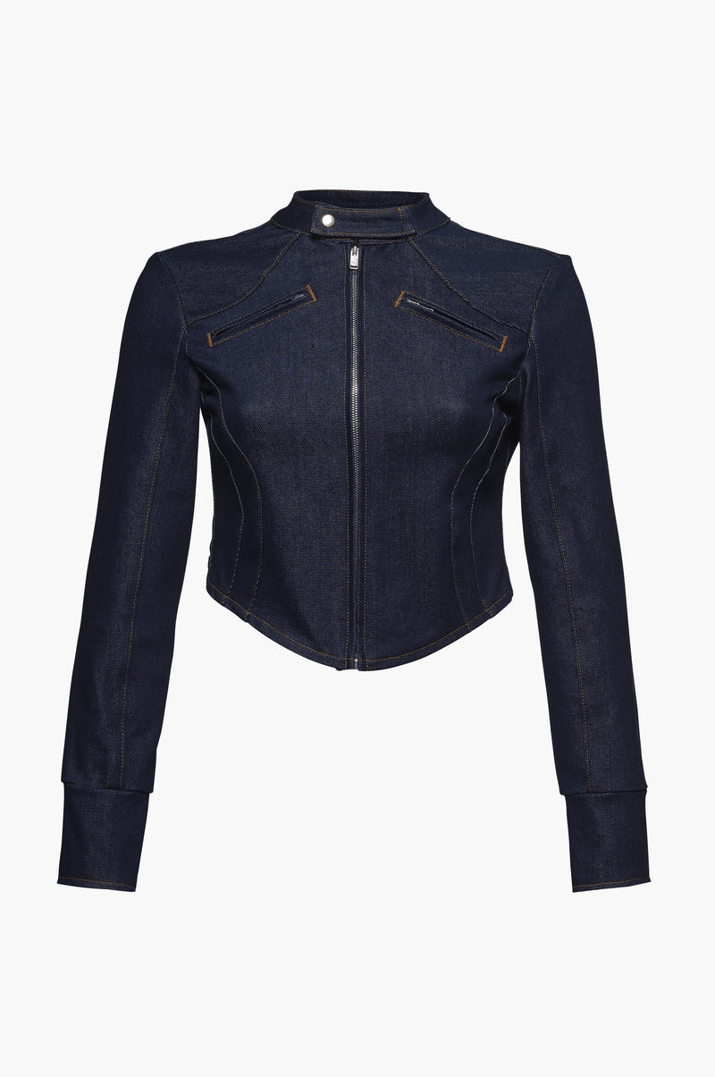 Indigo raw denim moto jacket on a white background