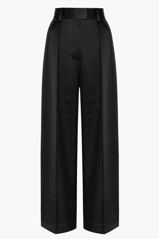 Black satin wide-leg pants on a white background