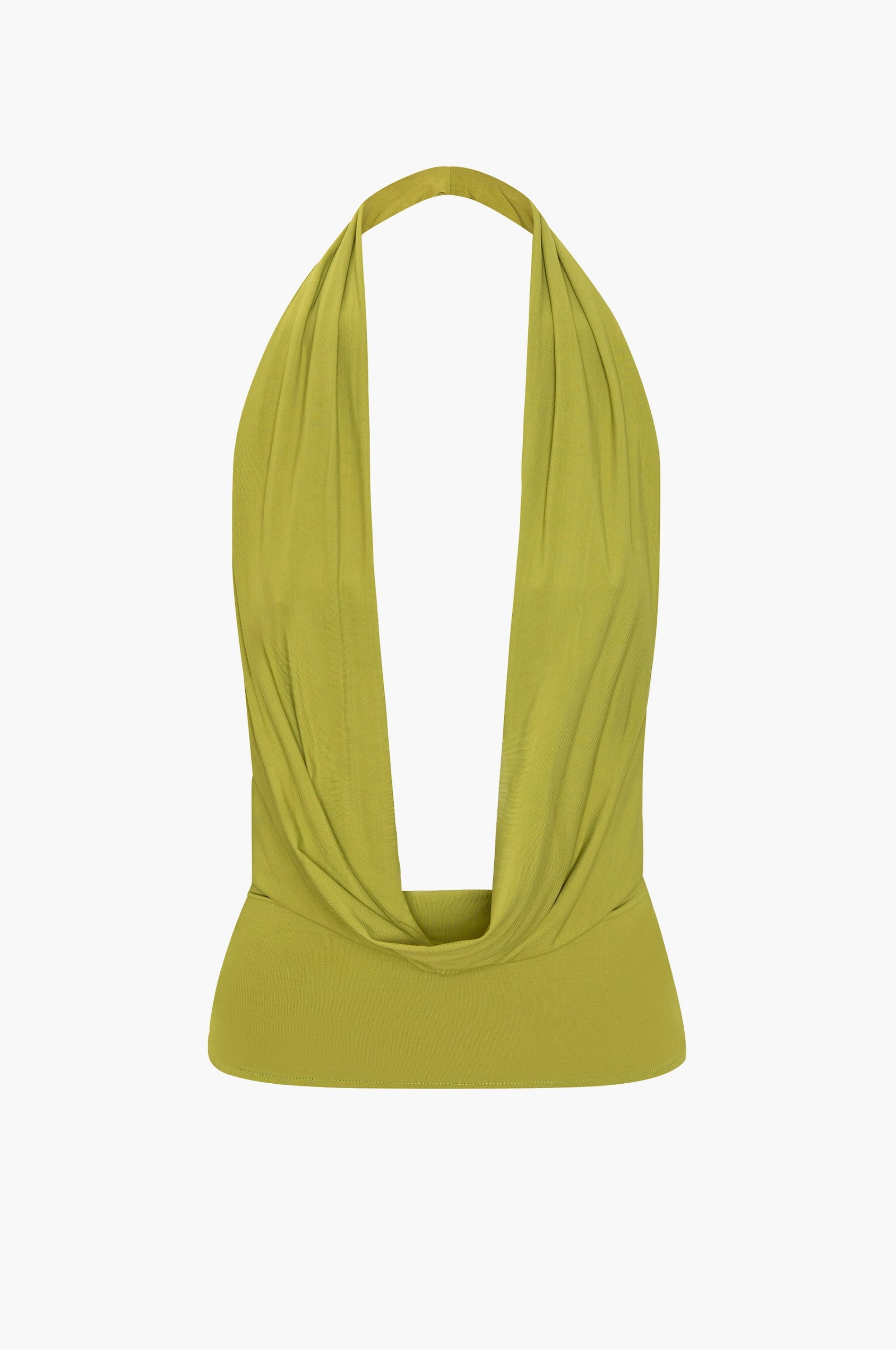 Front view of an olive green jersey halter top with a deep draped cowl neckline and a fitted waistband, shown as a flat product shot