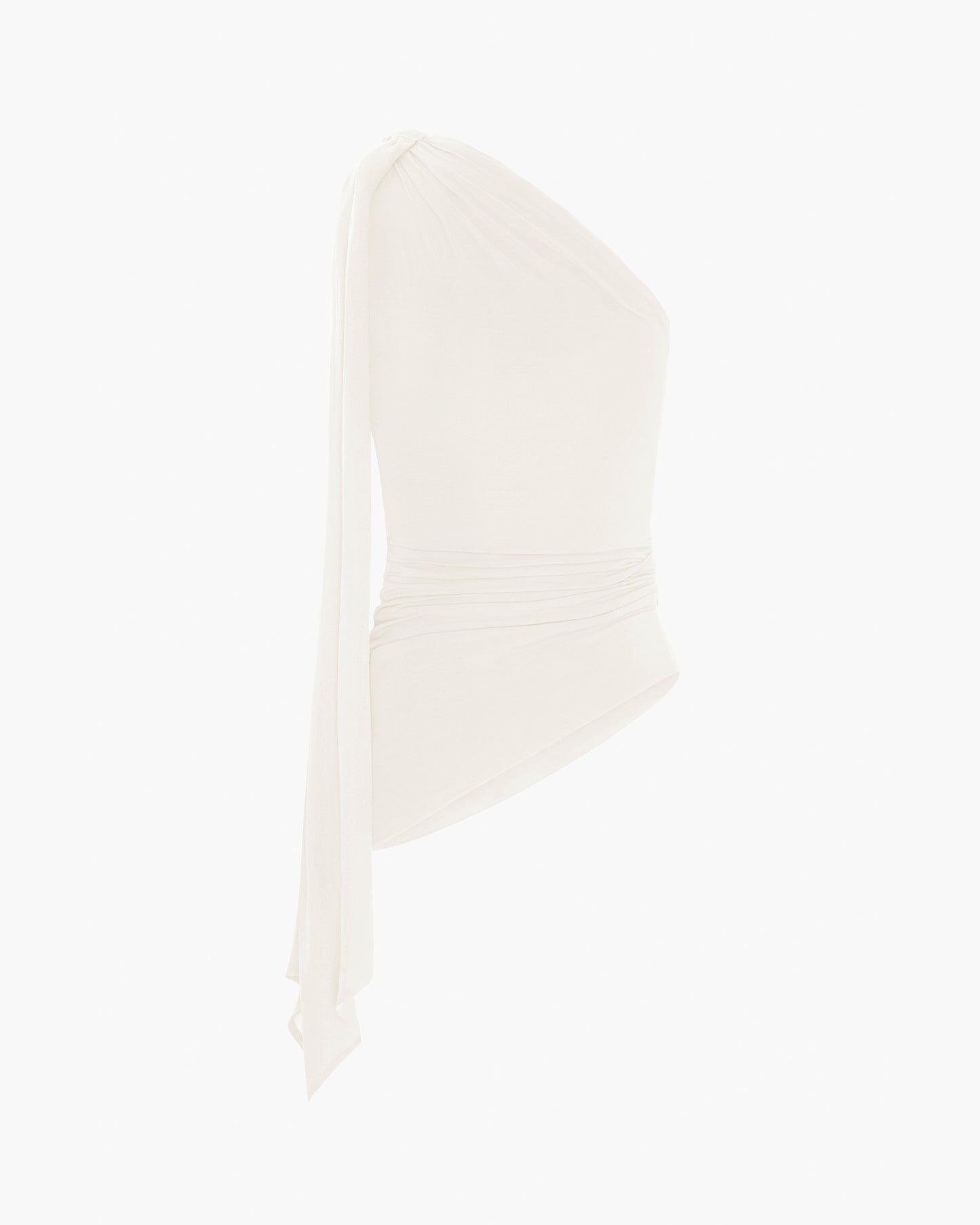White top with sheer chiffon shoulder tie on a white background