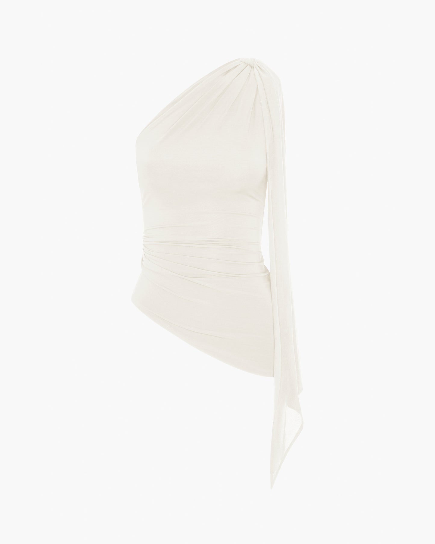 White top with a sheer chiffon shoulder tie on a white background