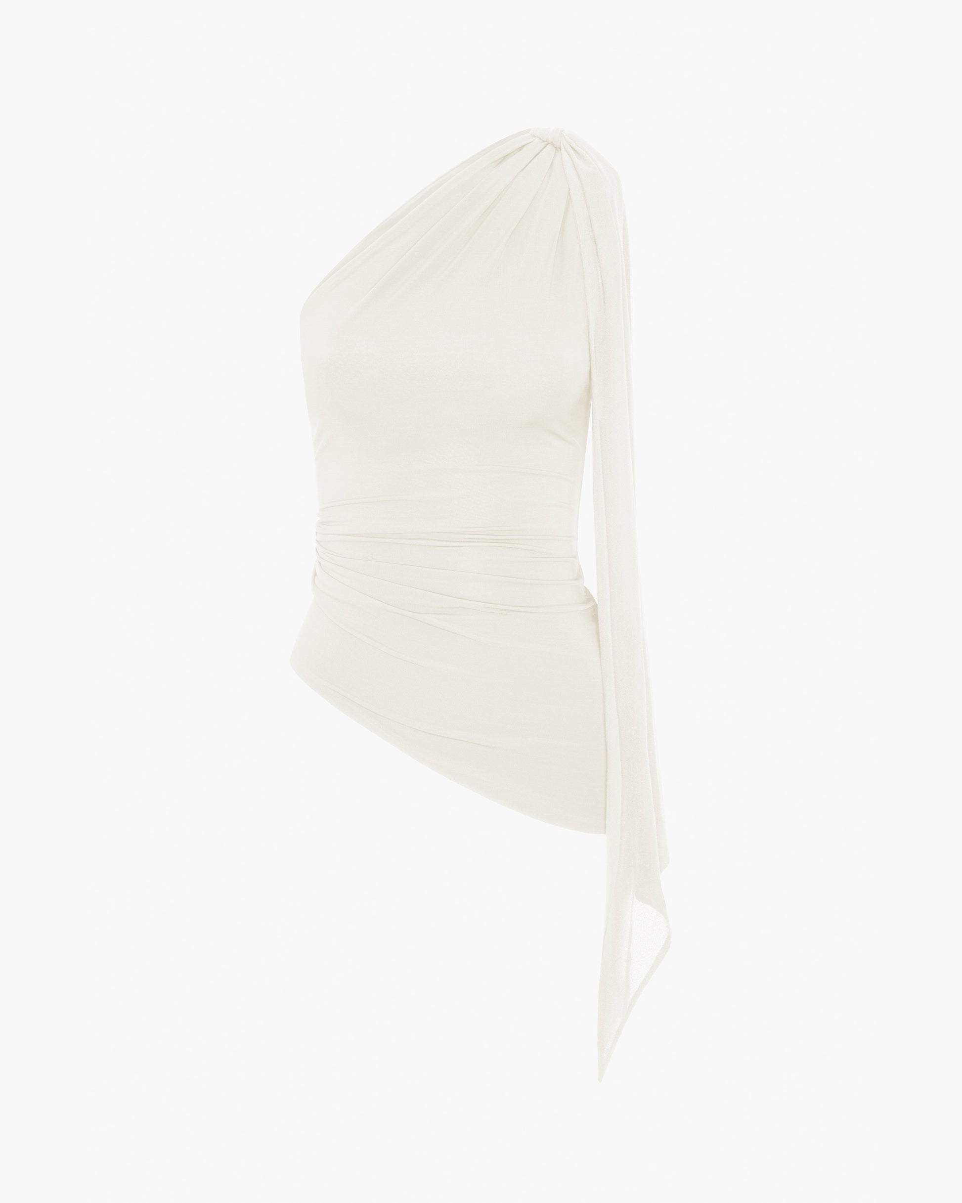 White top with a sheer chiffon shoulder tie on a white background
