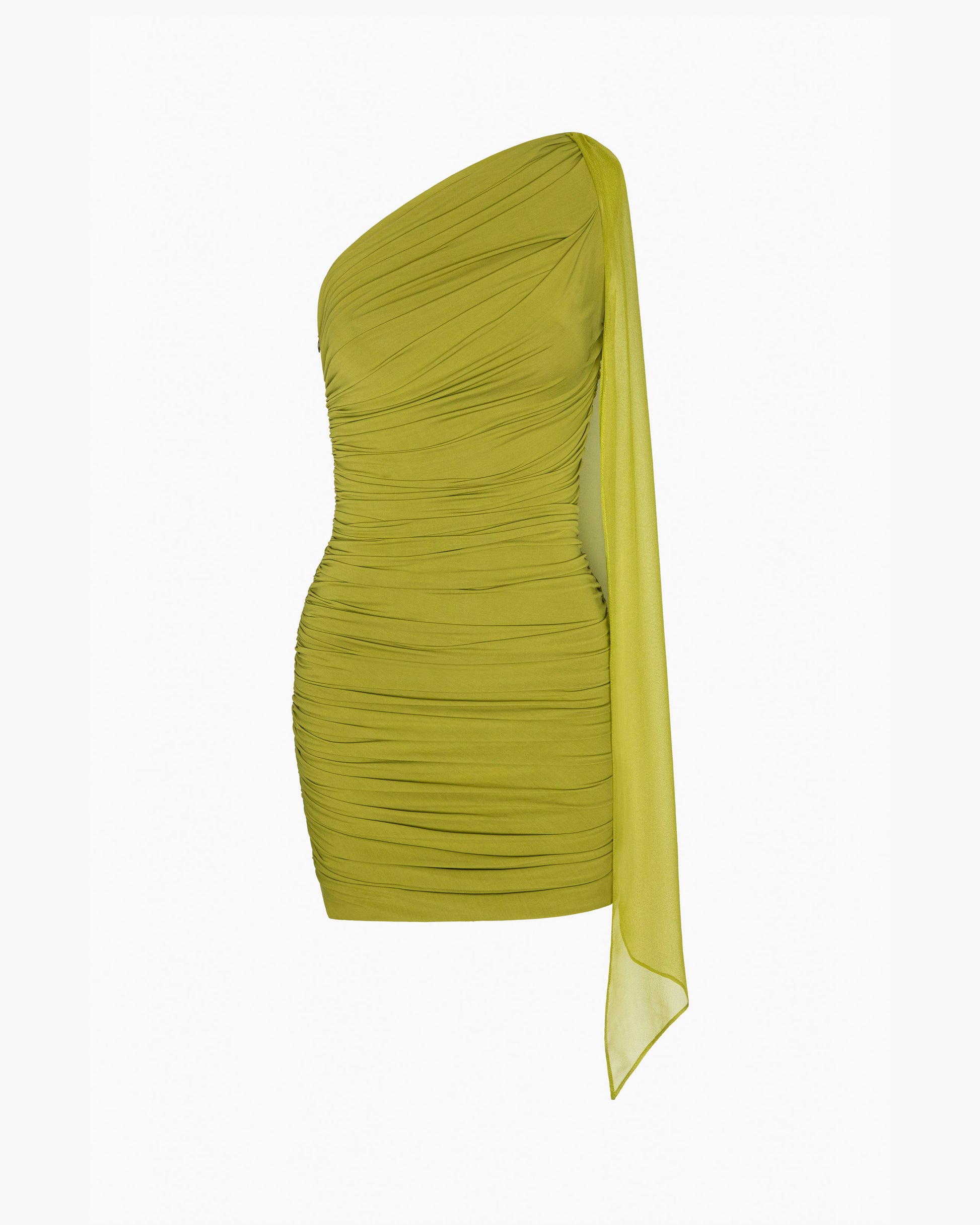 olive green one shoulder dress Adelina | One-Shoulder Maxi With Drape In a luxe shimmering olive green Olive Bridesmaid Dress Matte Satin