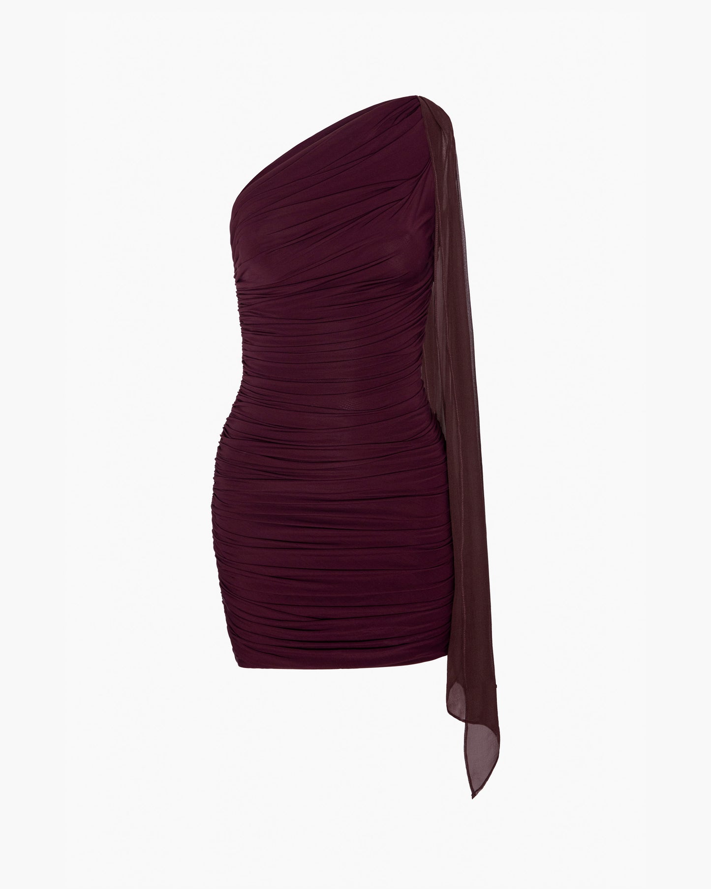 One-shoulder burgundy dress with a draped tie detail on a white background