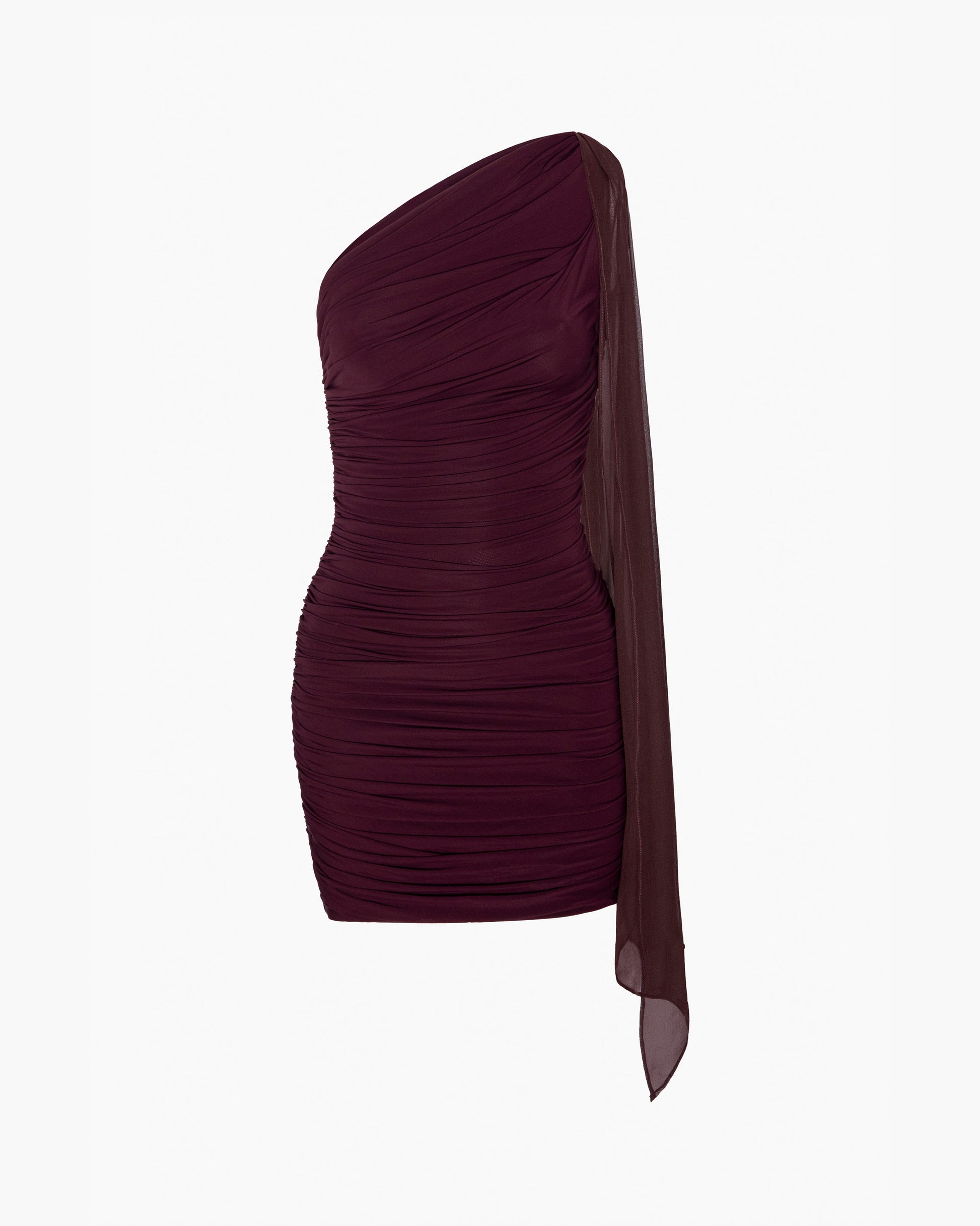 One-shoulder burgundy dress with a draped tie detail on a white background
