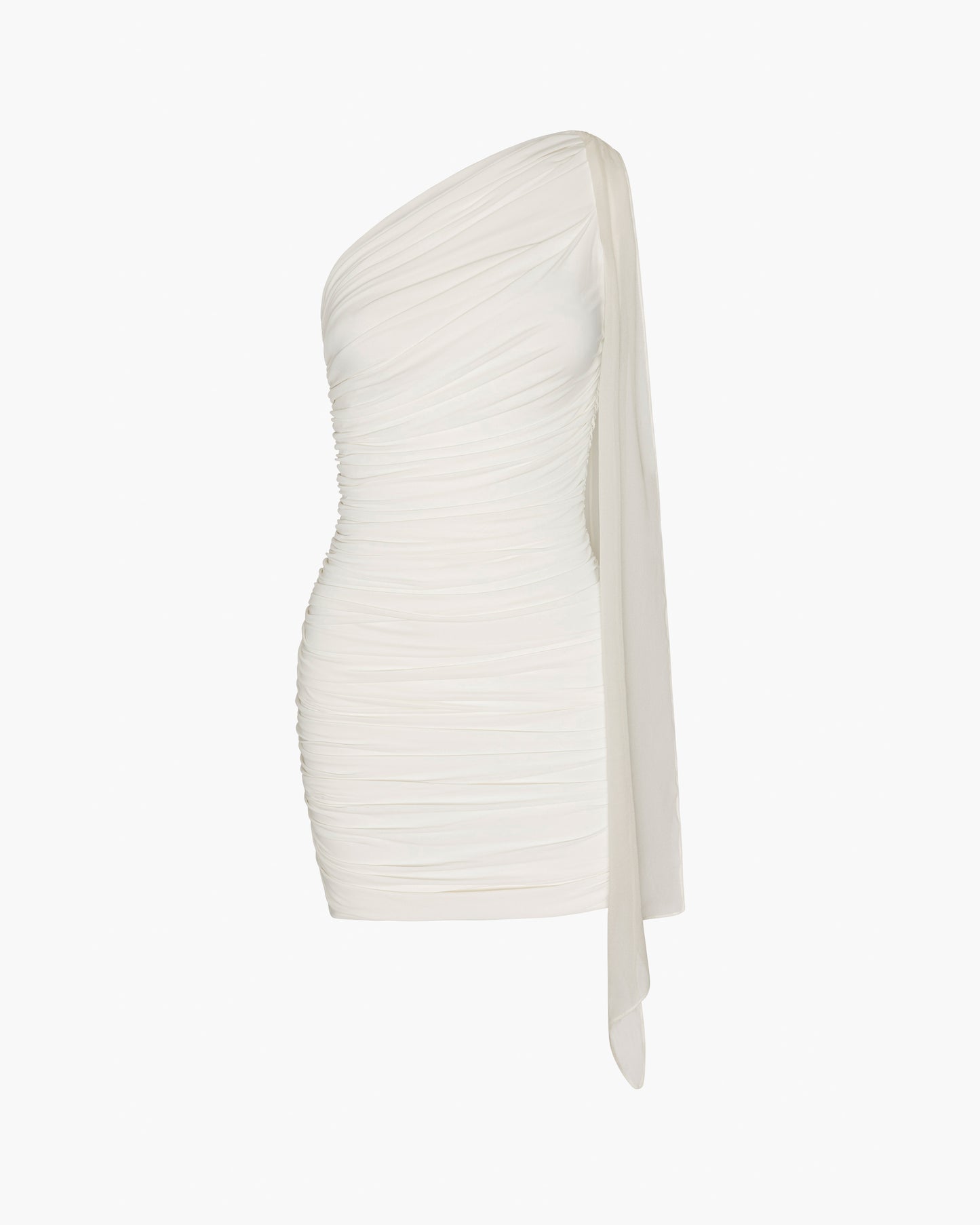 White one-shoulder dress on a white background
