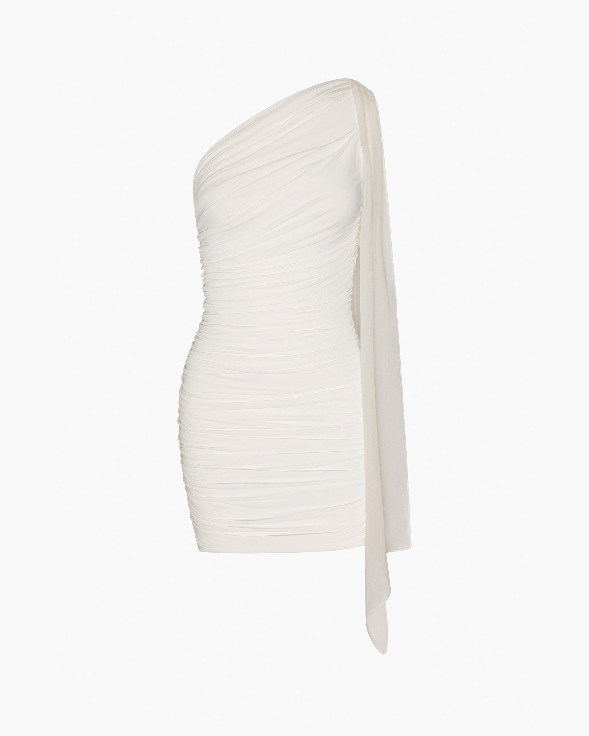 White one-shoulder dress on a white background