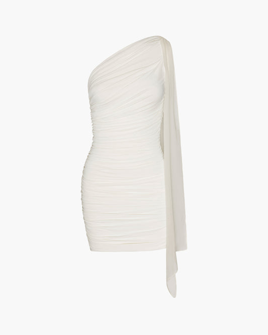 White one-shoulder dress on a white background