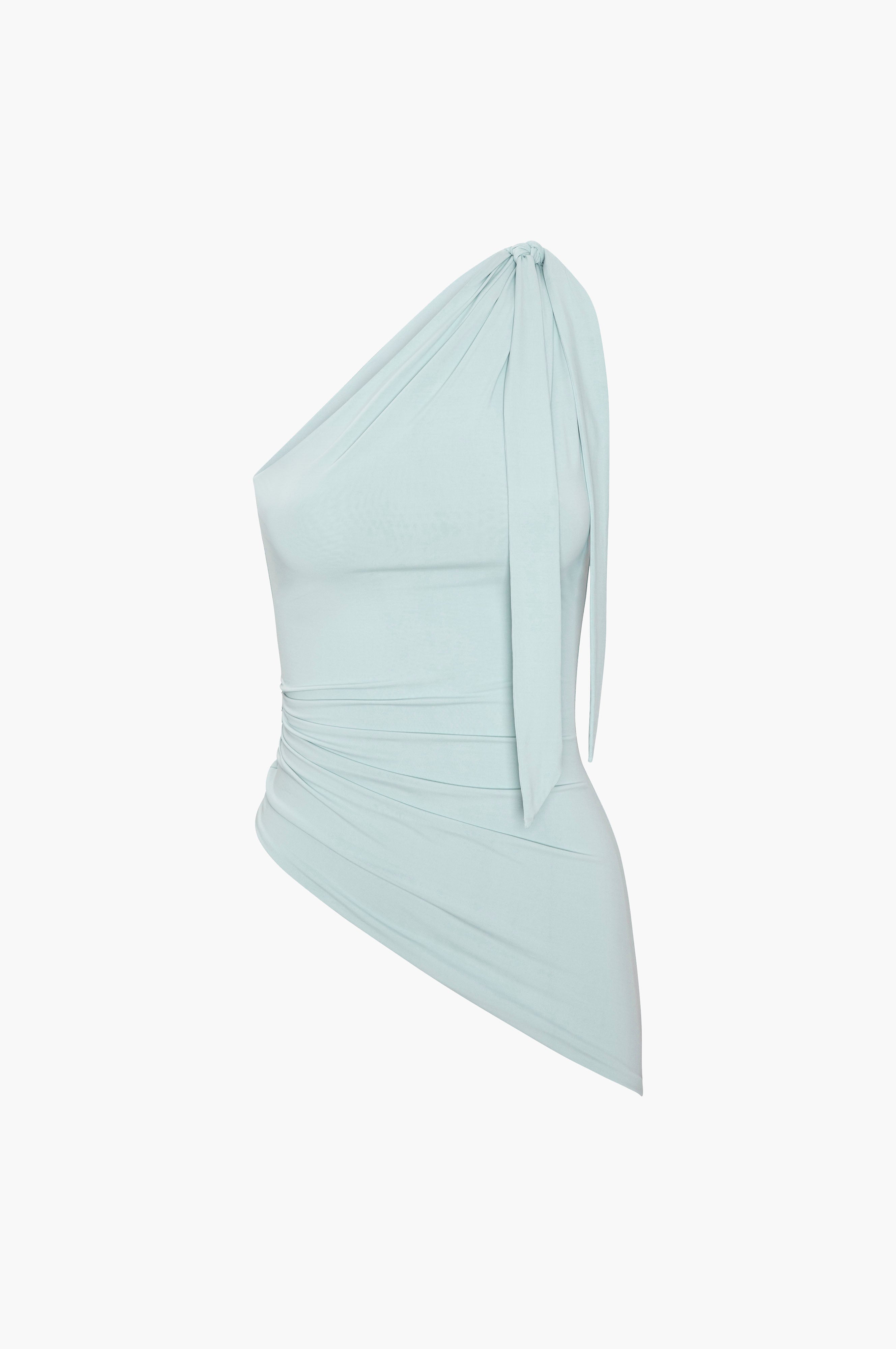 Light blue one-shoulder top on a white background