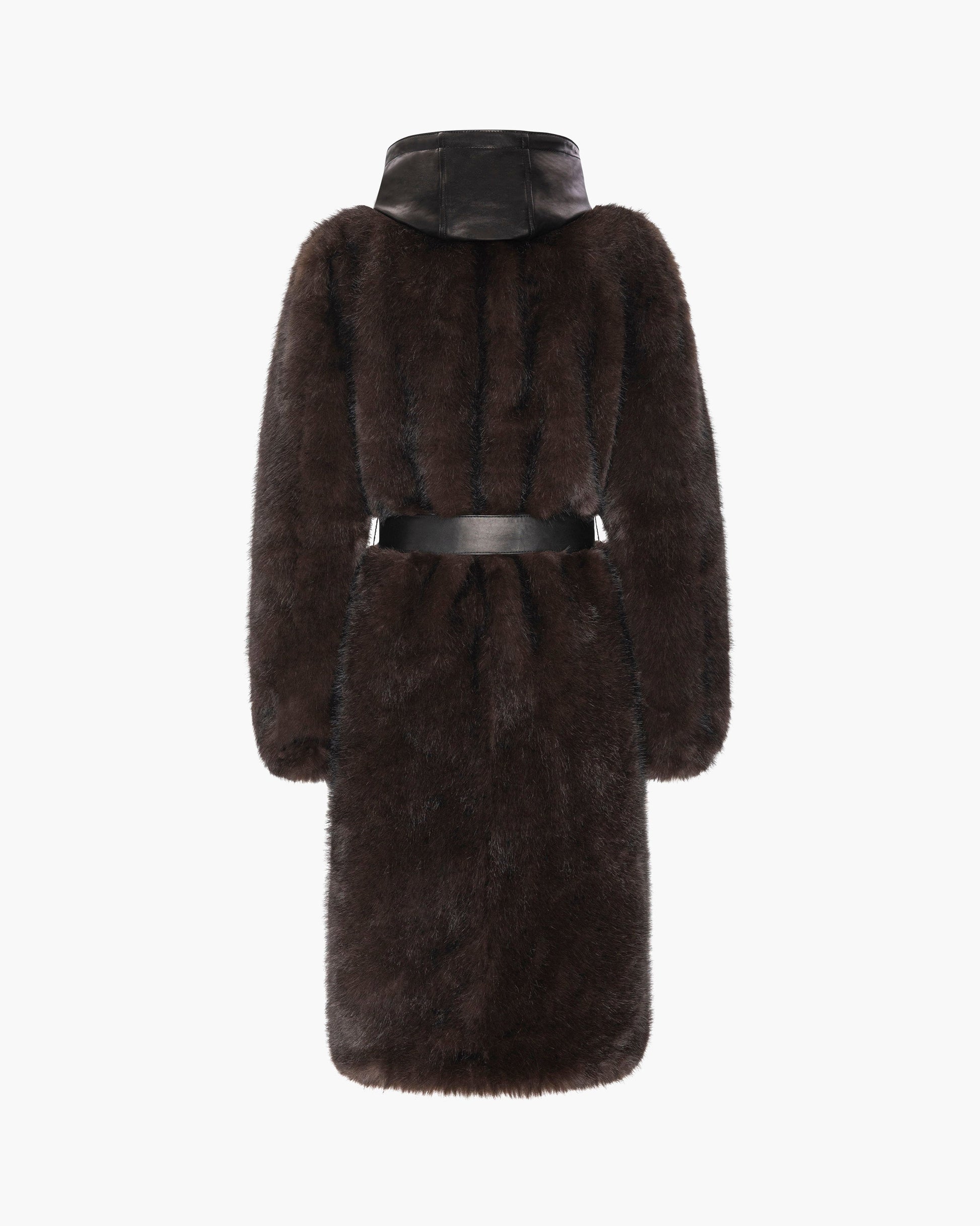 A dark brown fur coat with a black leather hood and a matching black leather belt, shown from the back against a plain white background.