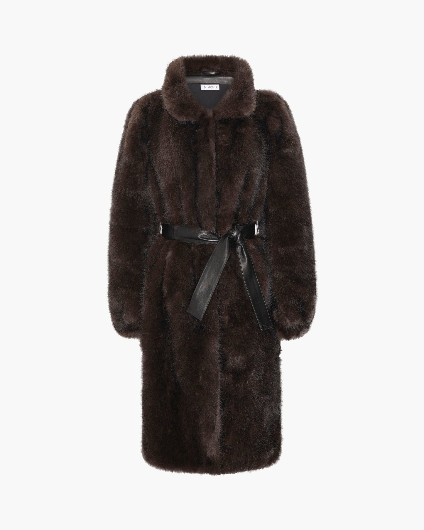 A dark brown fur coat with a black leather belt and matching hood detail, shown against a plain white background.