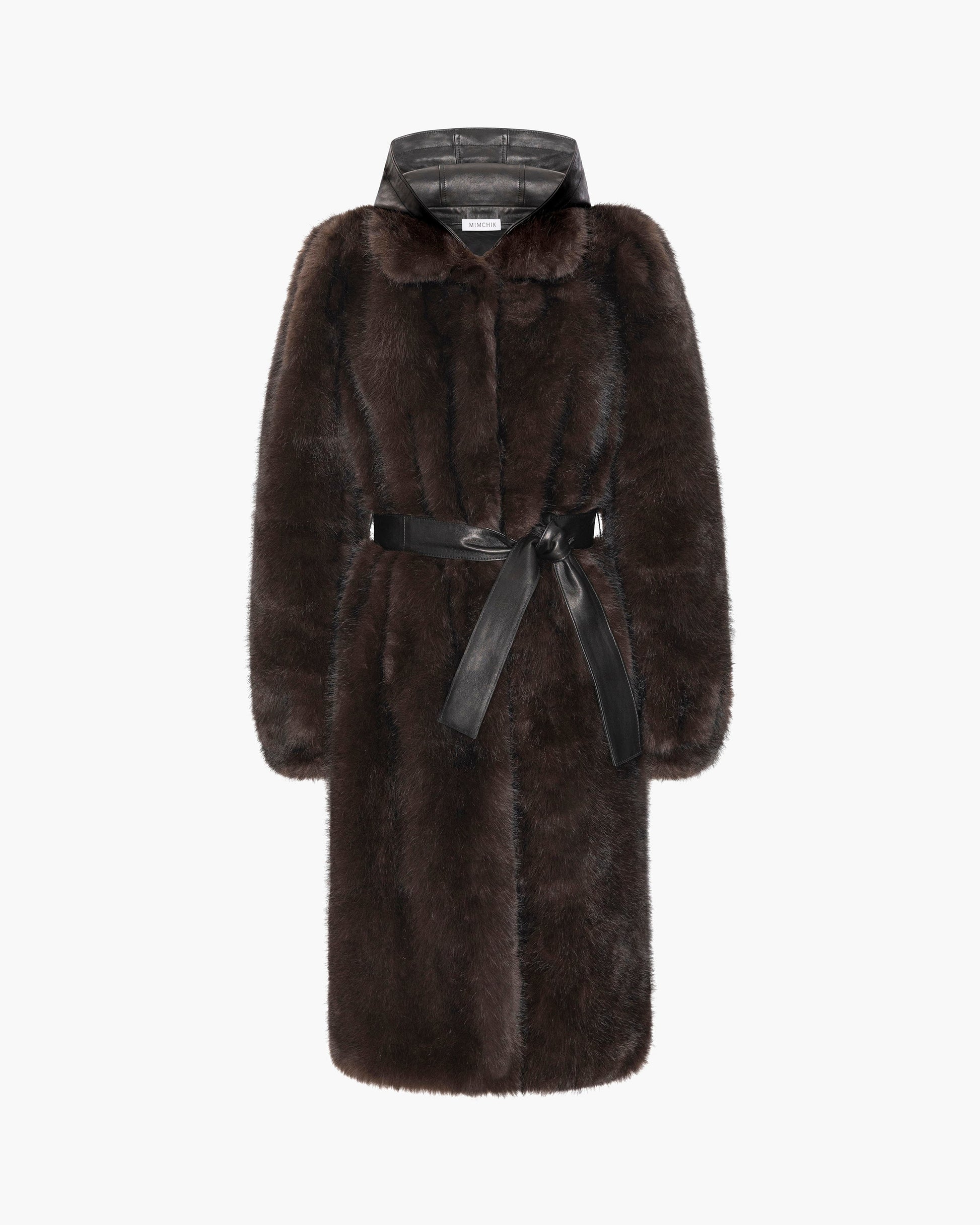 A dark brown fur coat with a black leather belt and matching hood detail, shown against a plain white background.