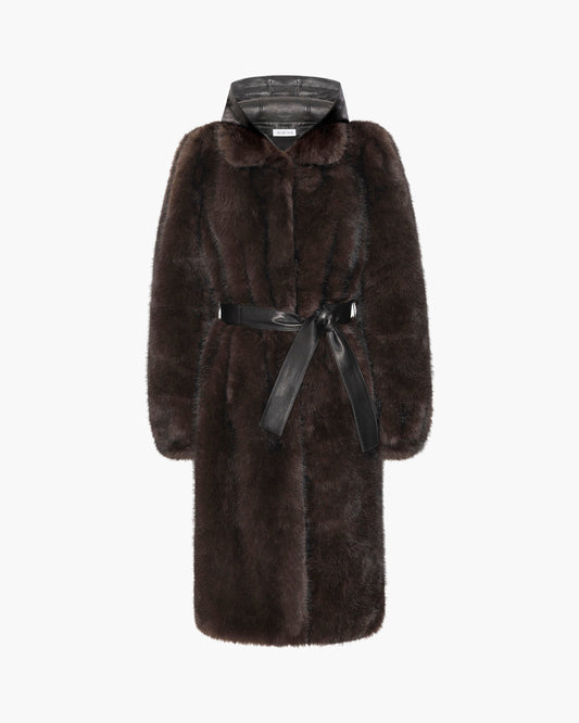 A dark brown fur coat with a black leather belt and matching hood detail, shown against a plain white background.