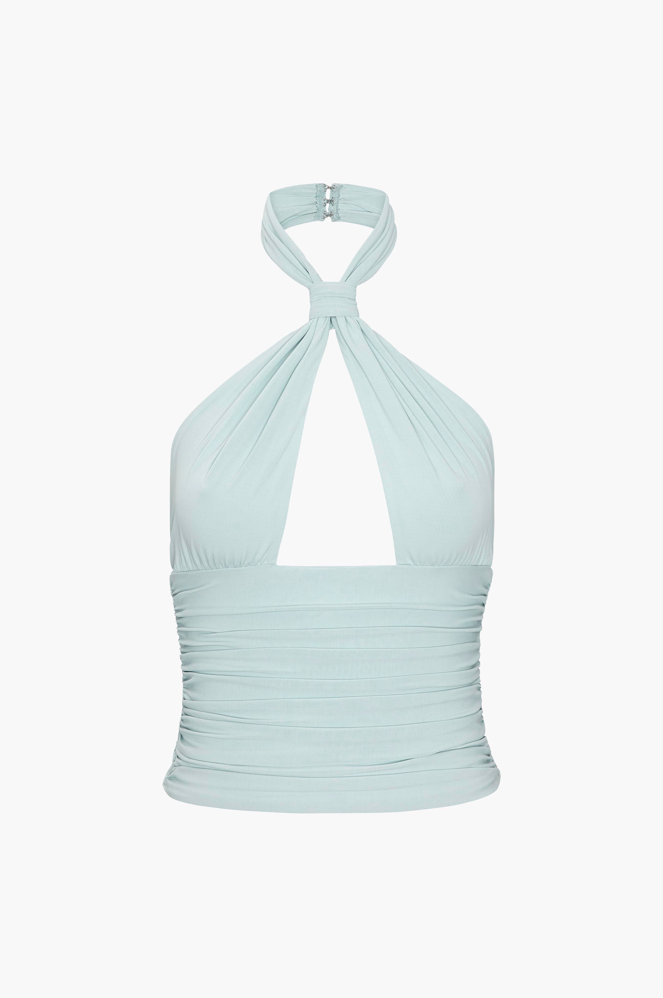 Ice blue halter top on a white background