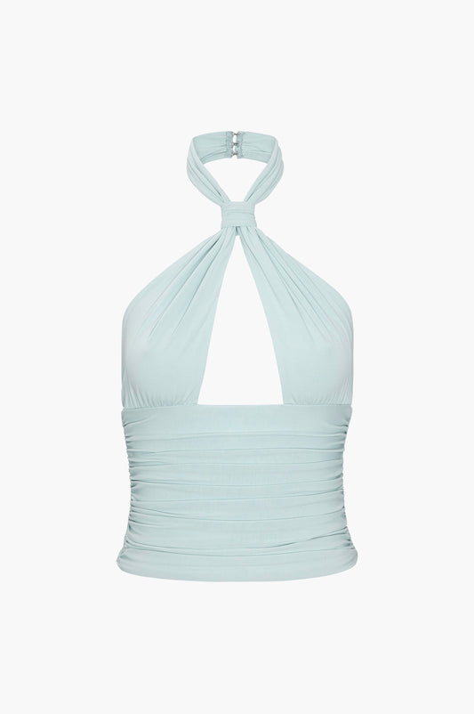 Ice blue halter top on a white background