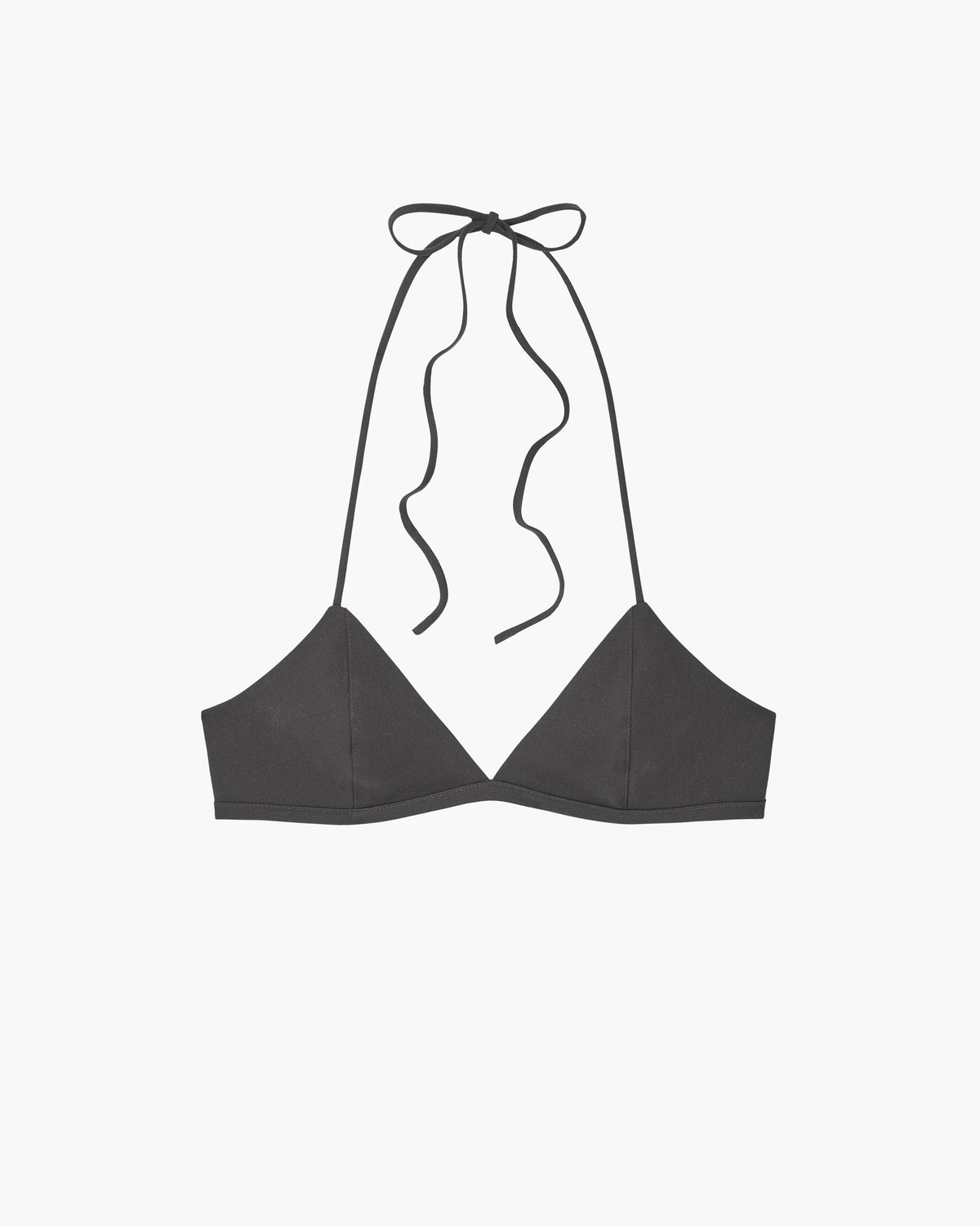A black triangle bra top with thin adjustable tie straps, shown flat against a light gray background.