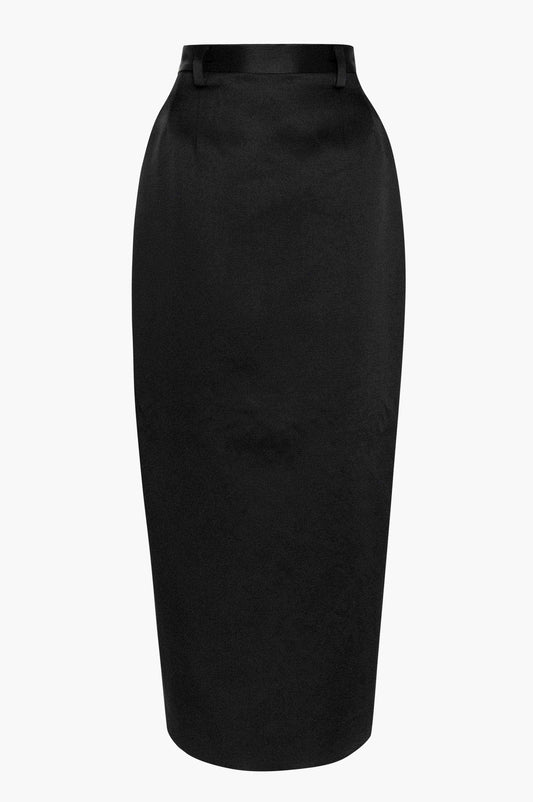 Black satin pencil skirt on a white background