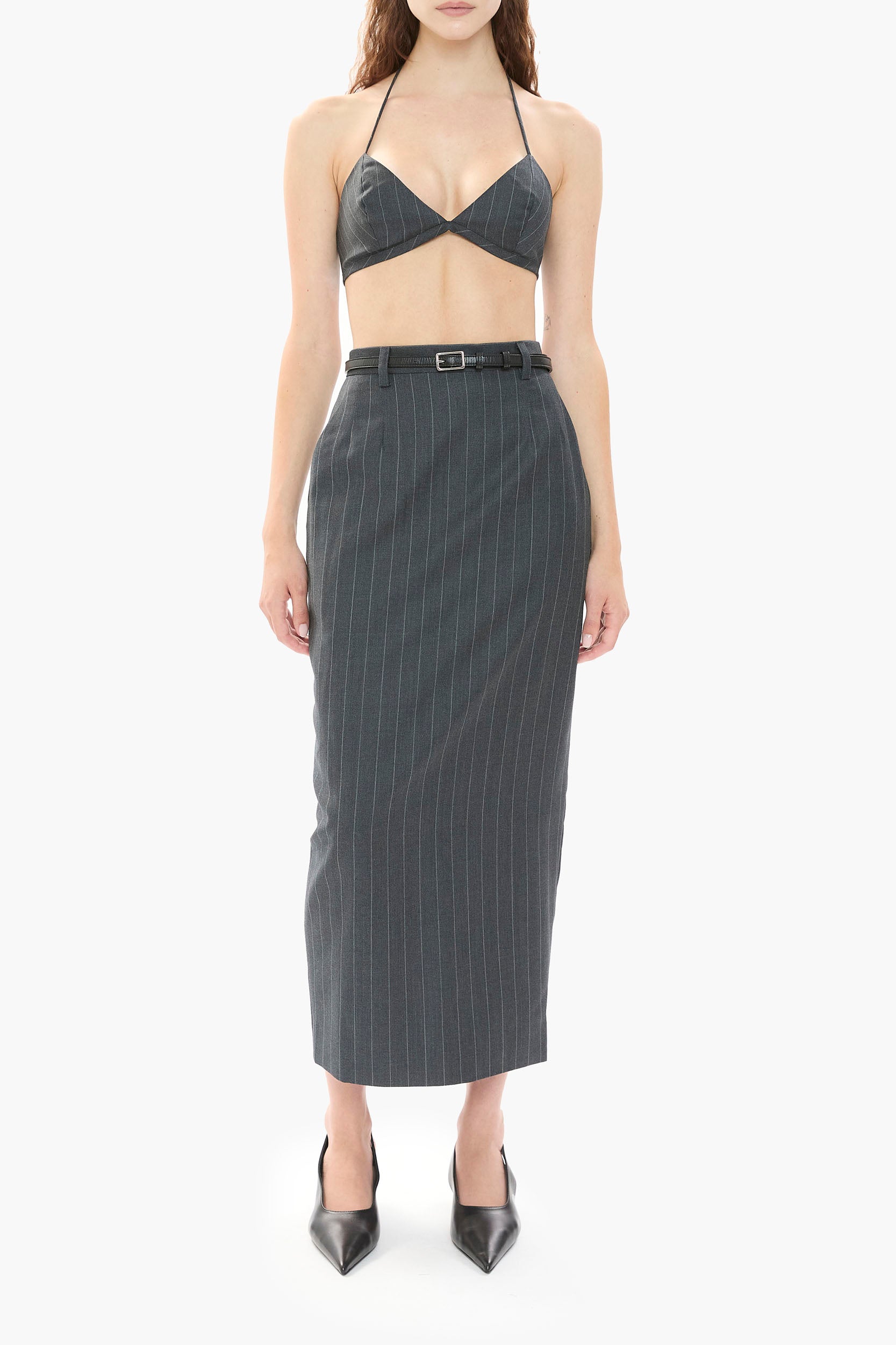 Rosie Pencil Skirt – Gray Pinstripe Wool | Mimchik – MIMCHIK