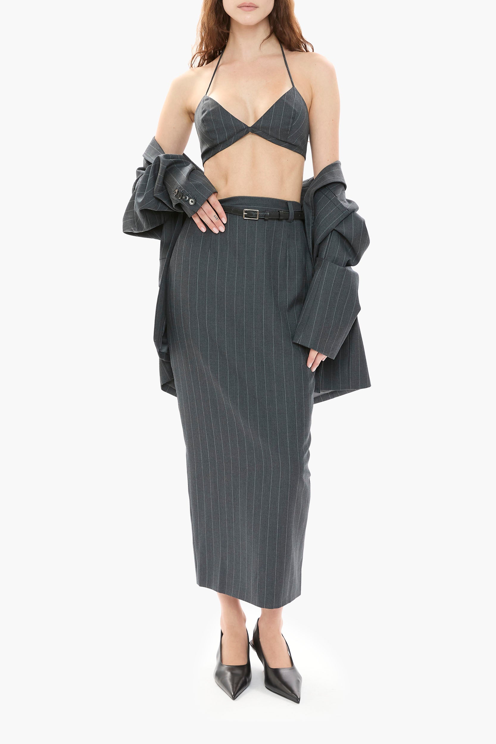 Rosie Pencil Skirt – Gray Pinstripe Wool | Mimchik – MIMCHIK