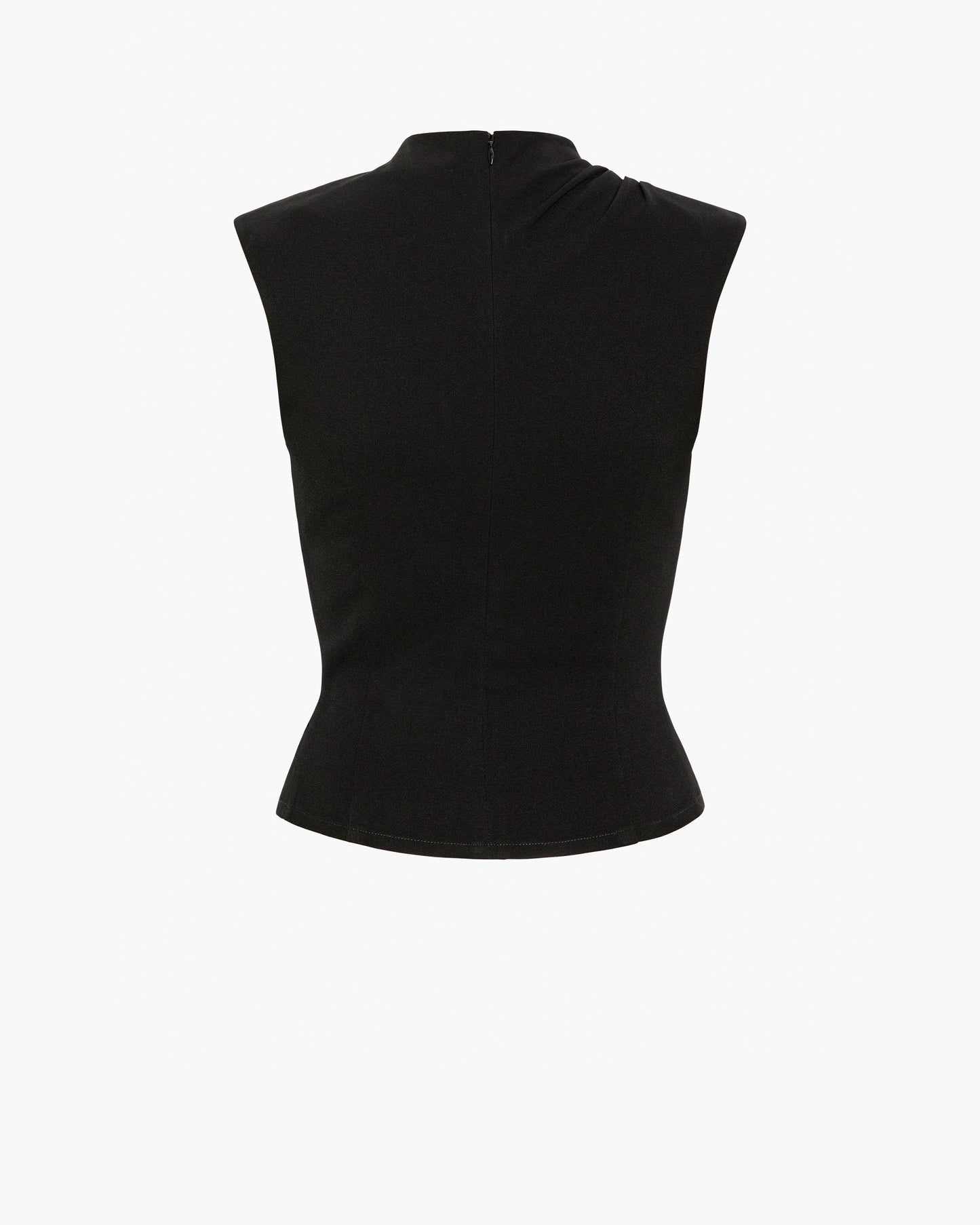 Back of a black sleeveless top on a white background