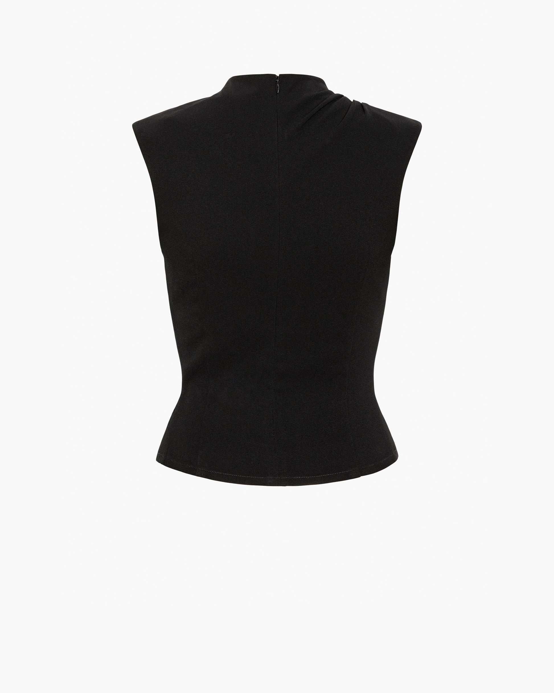 Back of a black sleeveless top on a white background