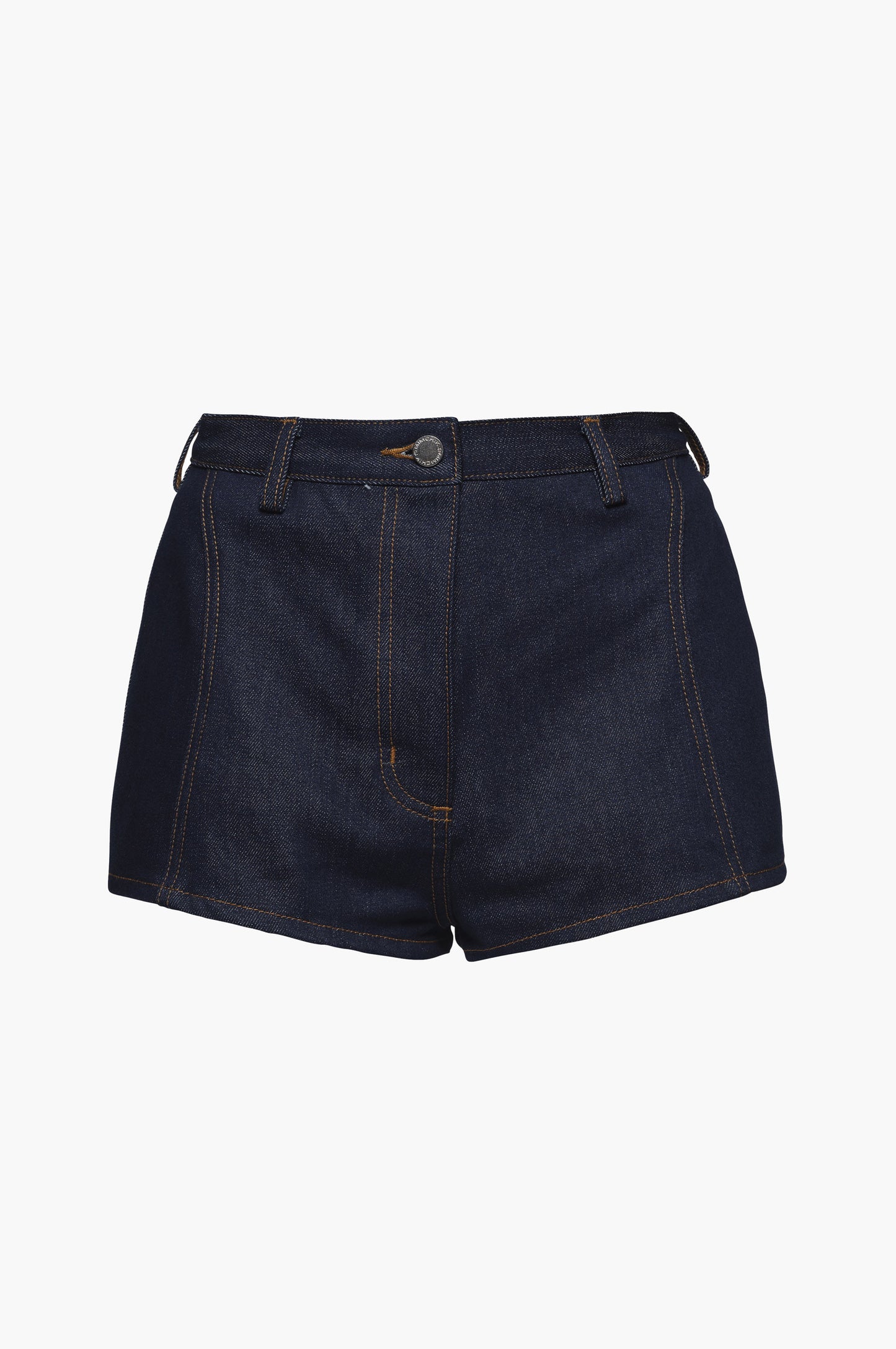 Indigo blue raw denim mini shorts on a white background