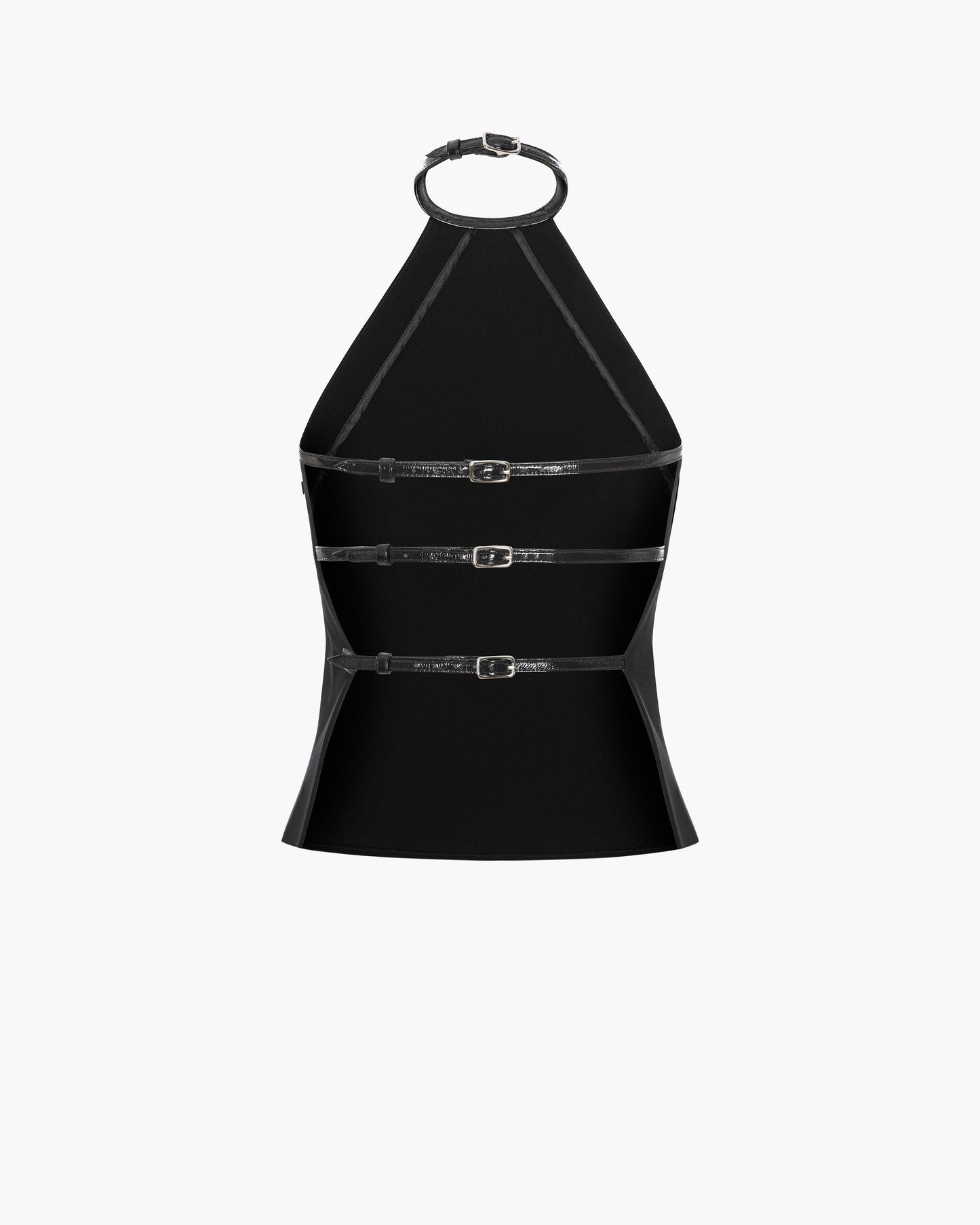 Back of a black halter top with three horizontal buckled leather straps on a white background