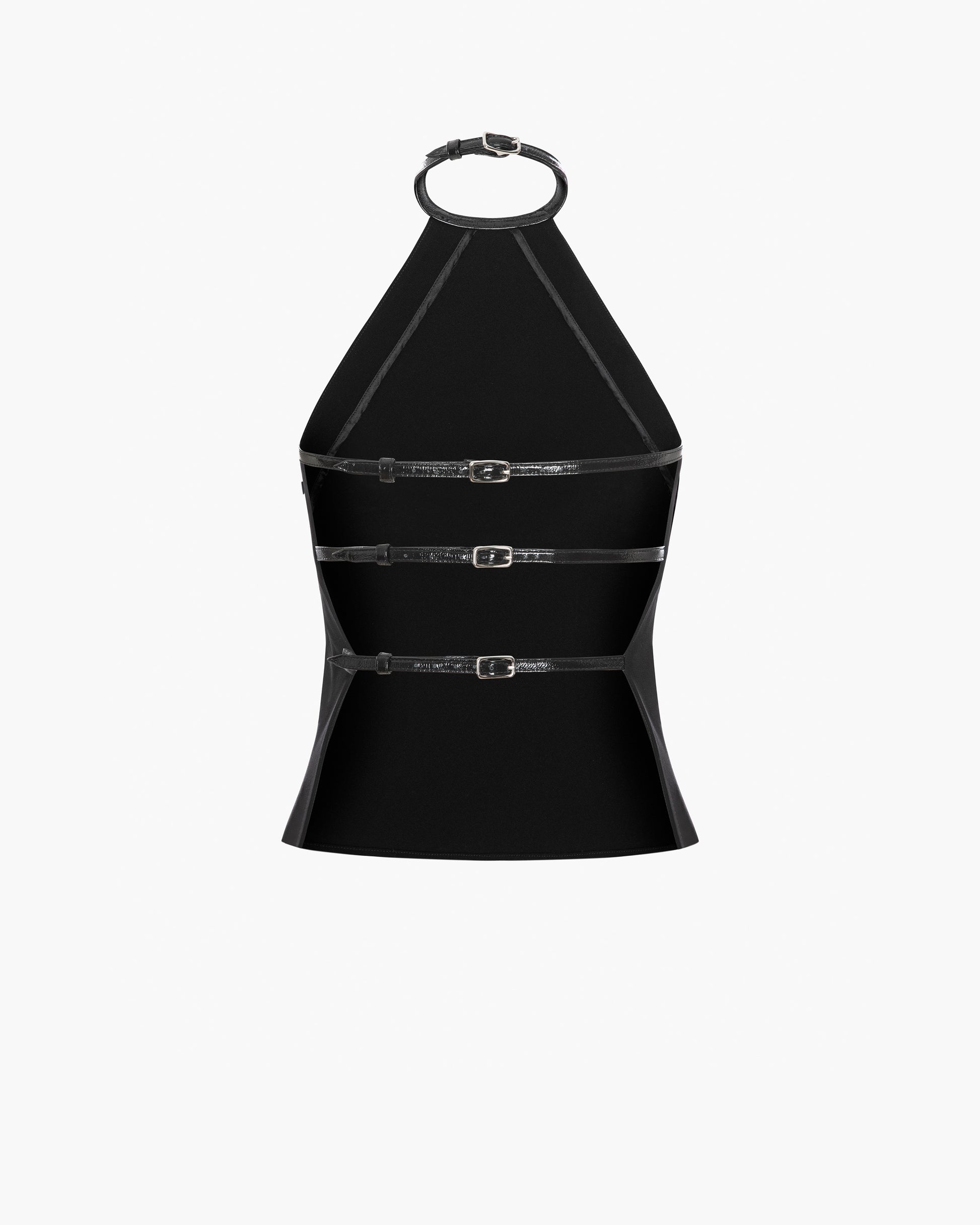 Back of a black halter top with three horizontal buckled leather straps on a white background