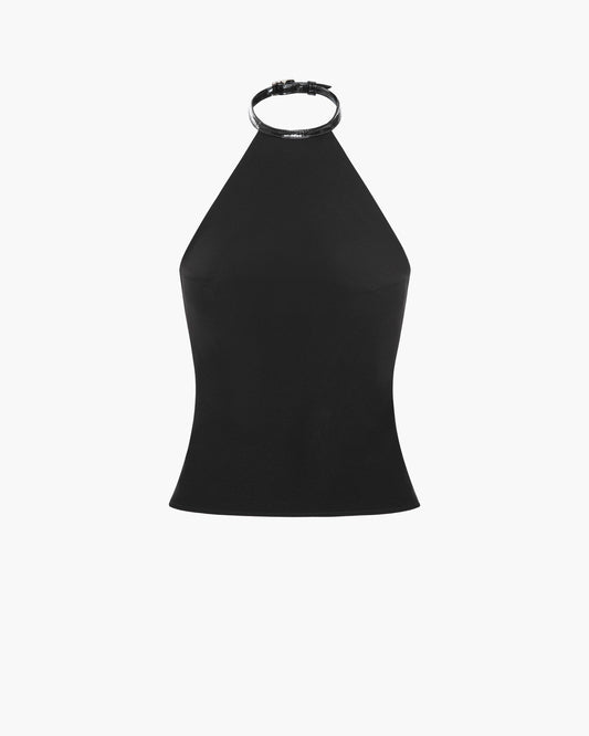Black halter top on a white background