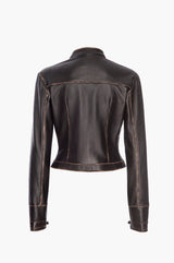 Back of a dark brown leather jacket on a white background