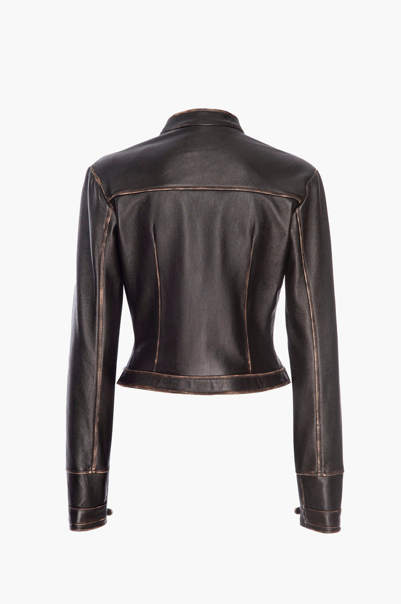 Back of a dark brown leather jacket on a white background