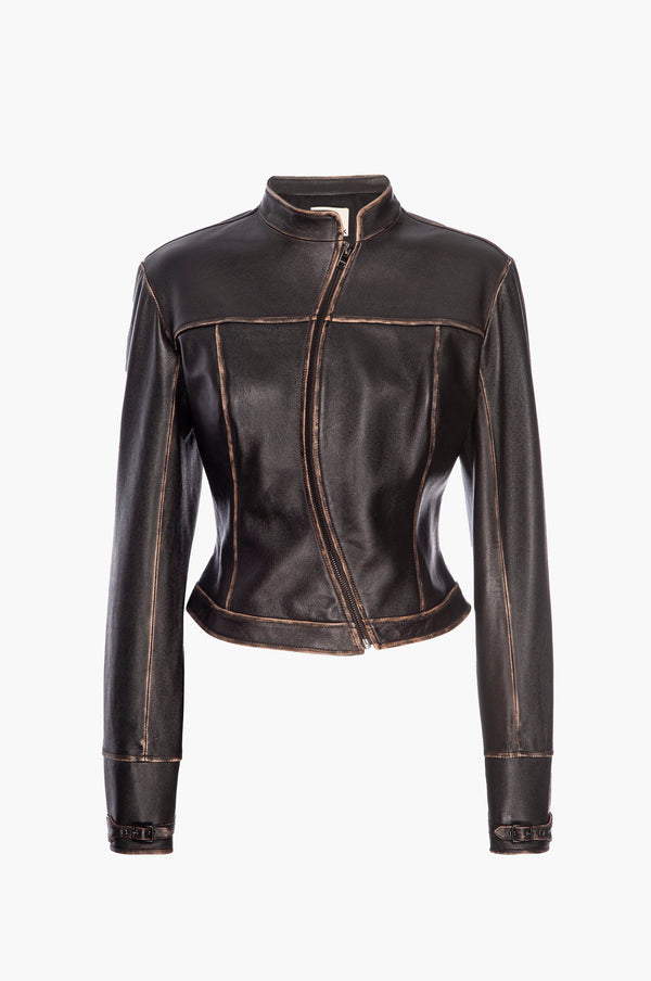 Dark brown leather jacket on a white background