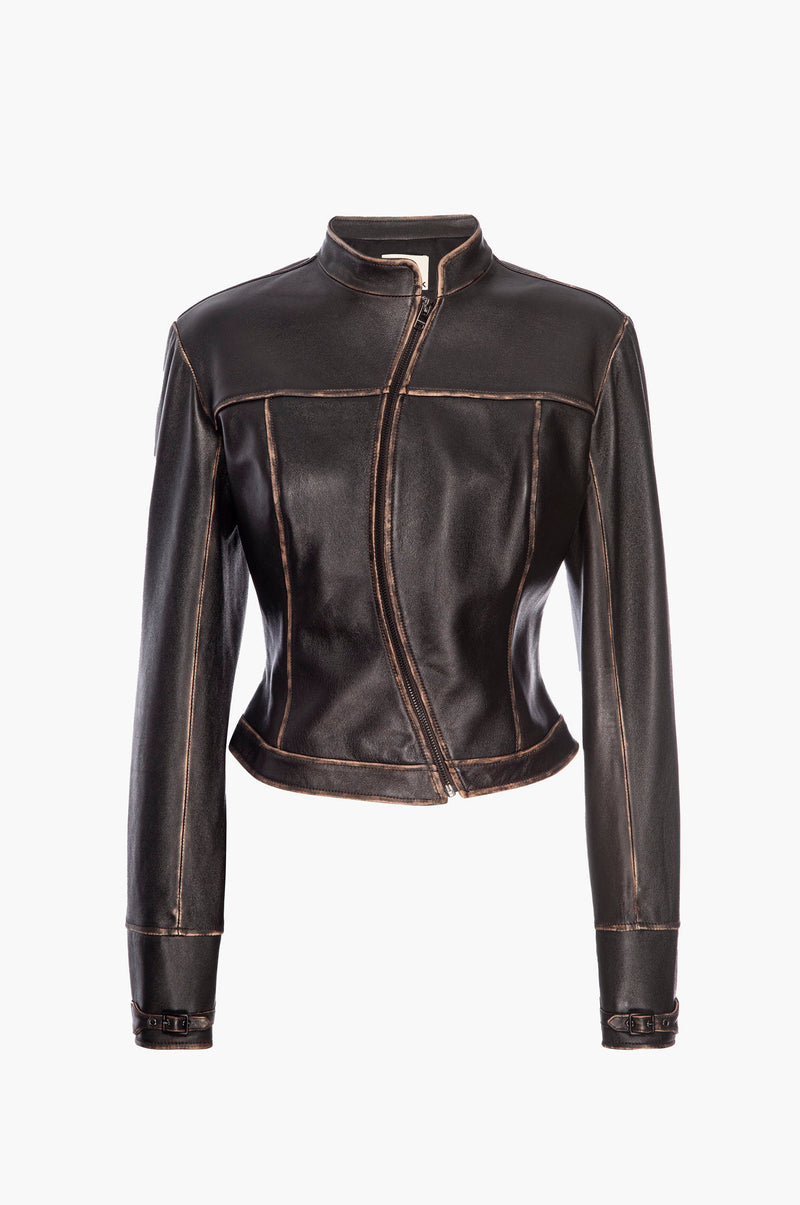 Dark brown leather jacket on a white background