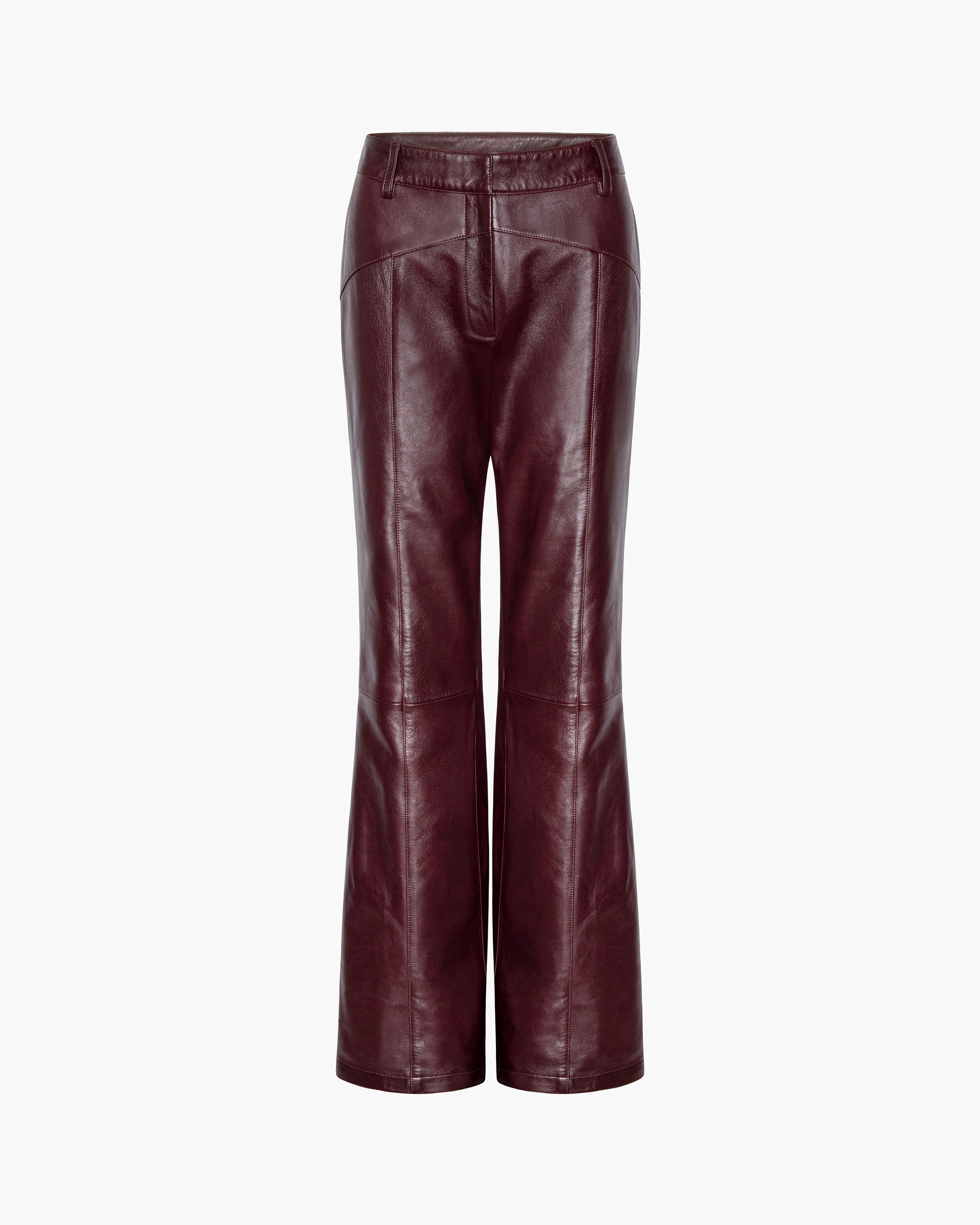 Pair of maroon leather pants on a white background