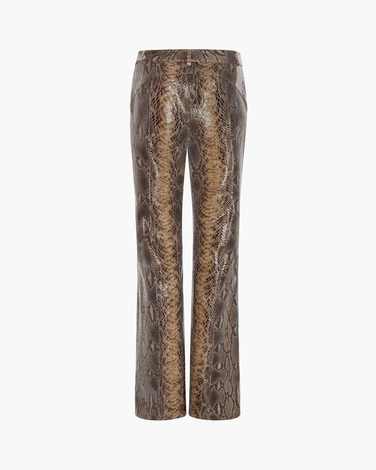 A pair of beige and brown snakeskin patterned leather pants shown against a plain white background.