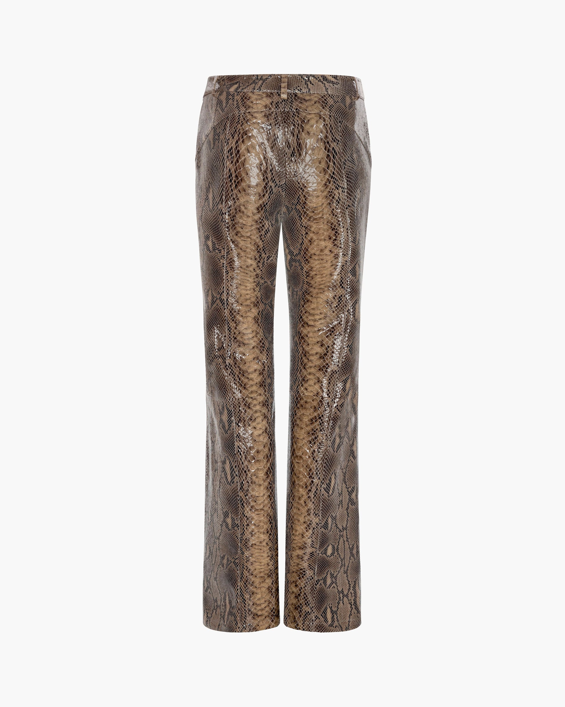 A pair of beige and brown snakeskin patterned leather pants shown against a plain white background.