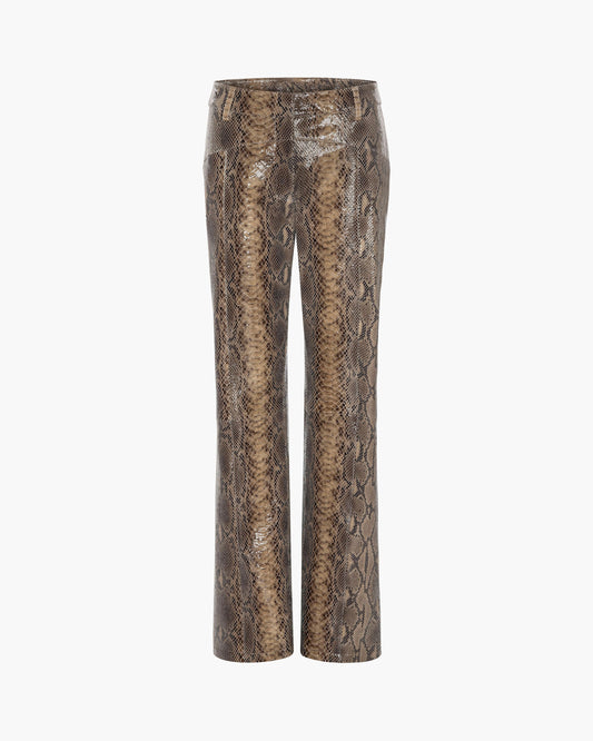 A pair of beige and brown snakeskin patterned leather pants shown against a plain white background.