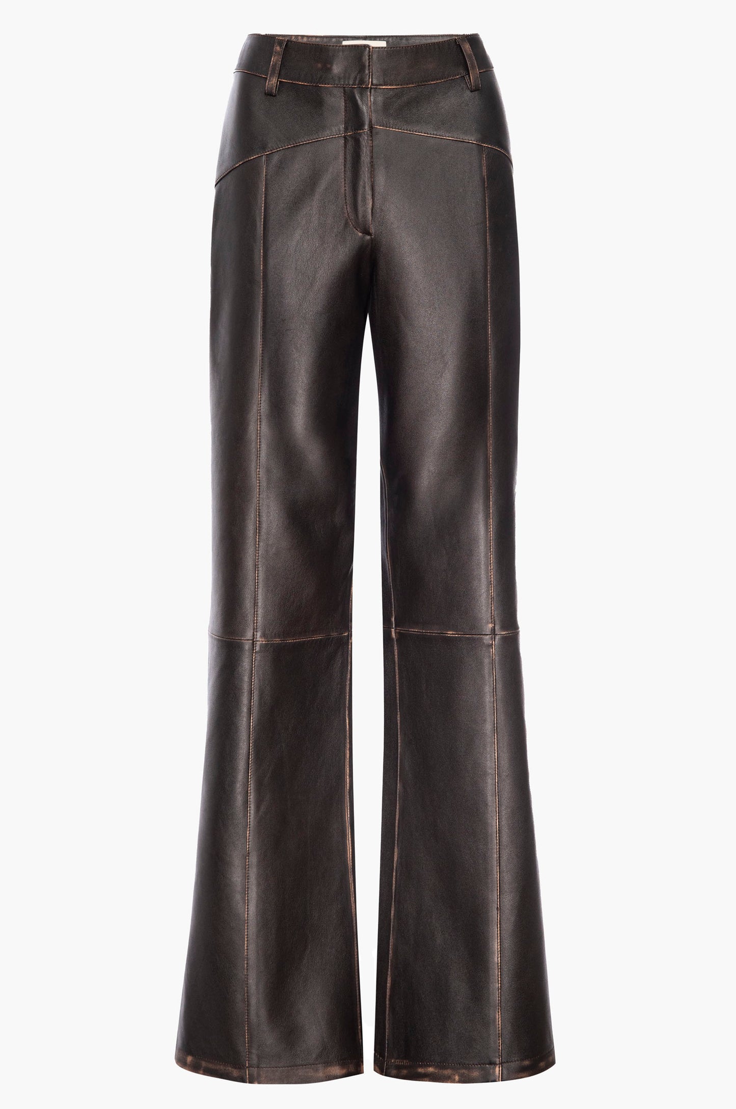 Dark brown leather pants on a white background